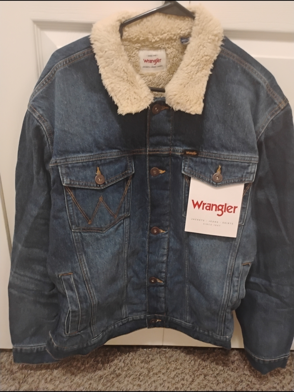 Wrangler Sherpa-Lined Denim Jacket in Medium Blue